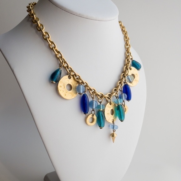 Chunky Gold Tone Charm Pendant Chain Necklace Blue Green Glass Deja Designs - Picture 3 of 13